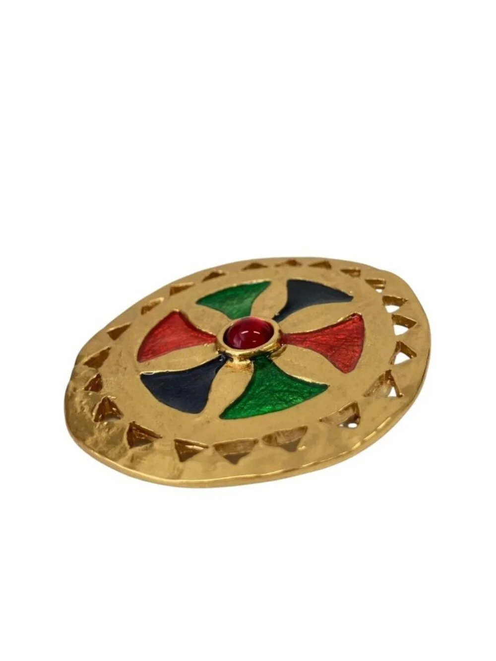 Saint Laurent Vintage Circle Color Stone Pendant Brooch Gold Plated Colored